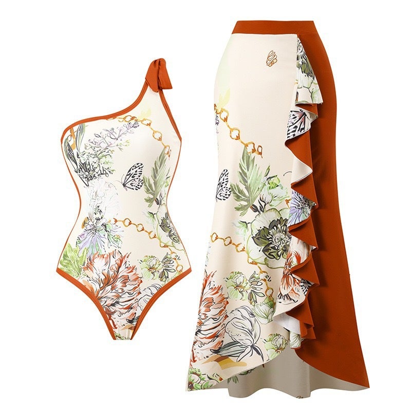 2026 Printed One-Shoulder Swimsuit Long Skirt Bikini Wave French Tight-Fitting Two-Piece Swimsuit - Image 3