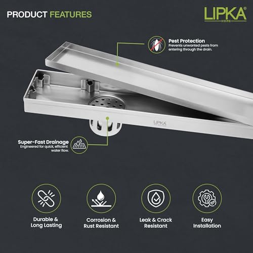 LIPKA Rectangular Tile Insert Shower Drain Channel | 18 x 3 Inches | Waste Water Floor Drain for 13mm Tile | 304 Stainless Steel | Invisible Shower Drainer Channel | Anti Cockroach Trap and Side Hole - Image 3