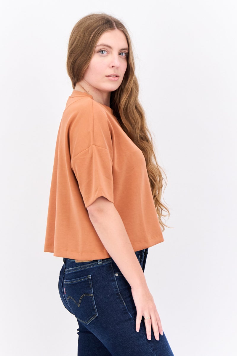 Lyle & Scott Women Crew Neck Cap Sleeves Embroidered Logo Cropped T-Shirt, Brown - Image 1