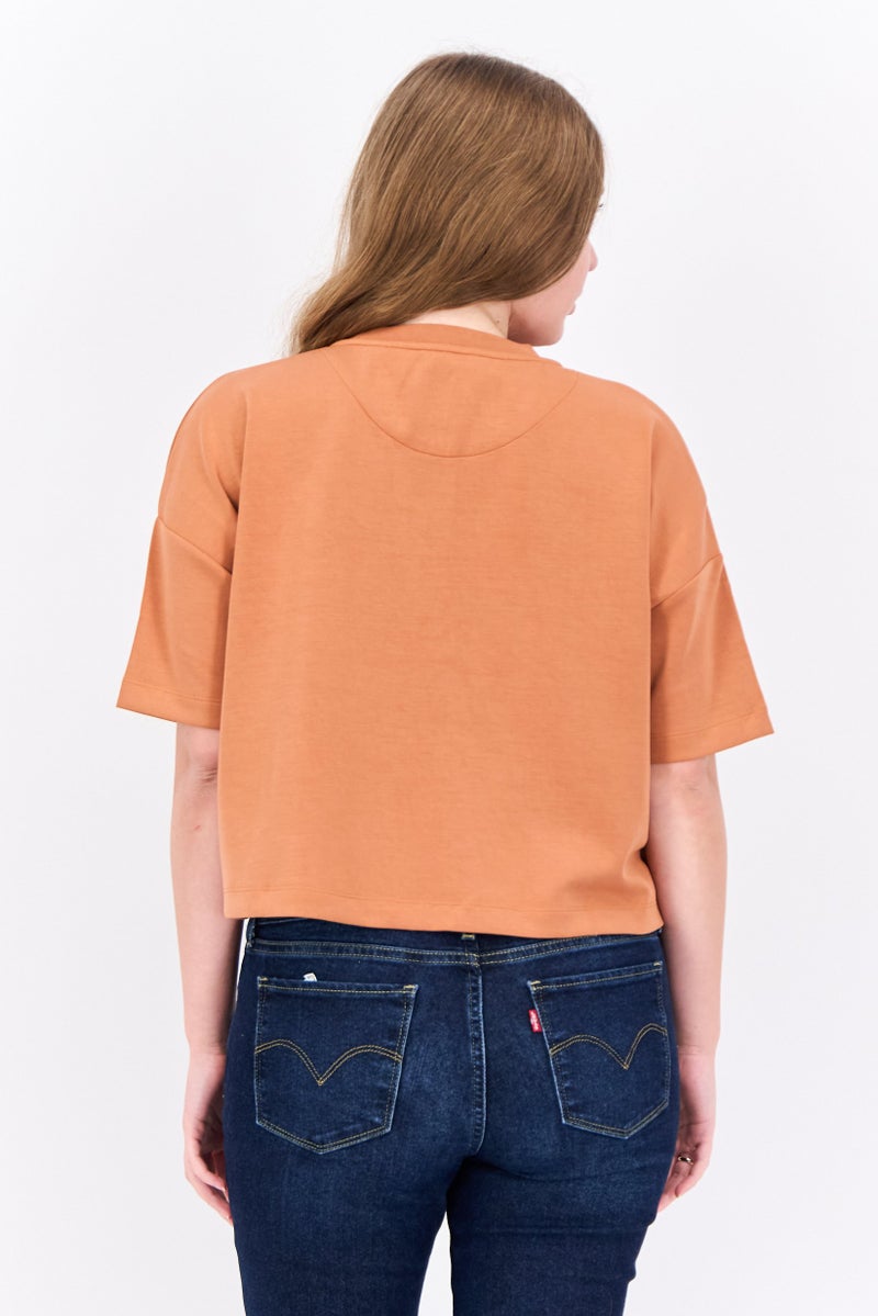 Lyle & Scott Women Crew Neck Cap Sleeves Embroidered Logo Cropped T-Shirt, Brown - Image 2