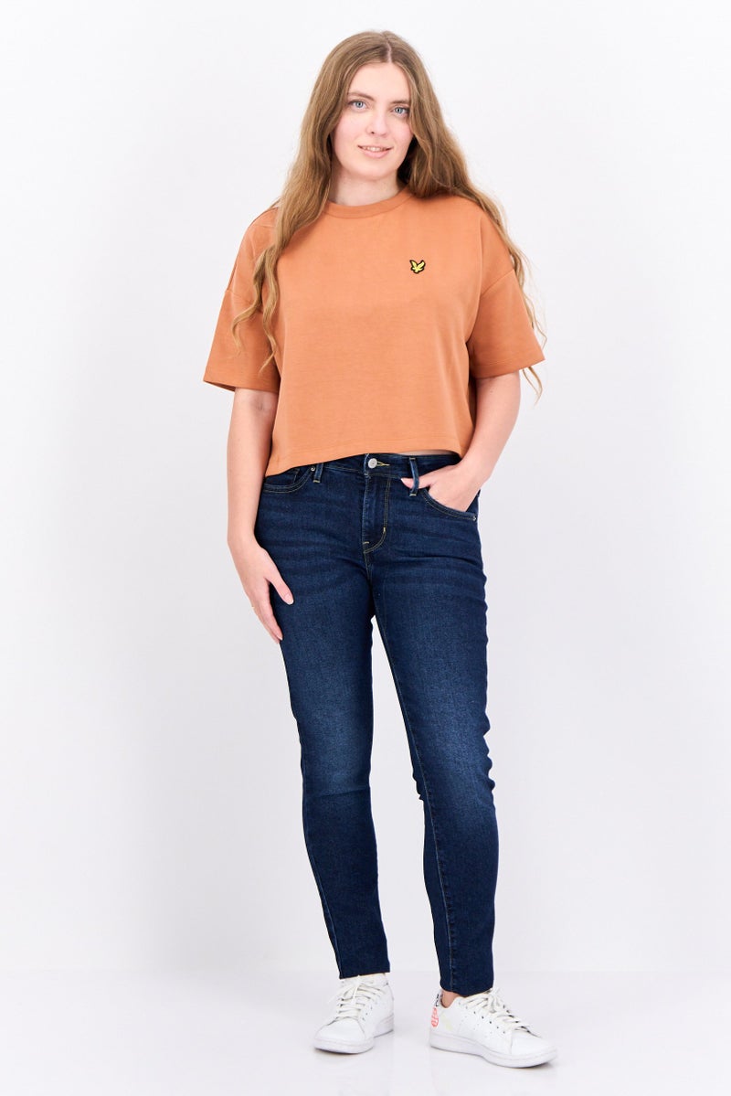 Lyle & Scott Women Crew Neck Cap Sleeves Embroidered Logo Cropped T-Shirt, Brown - Image 3