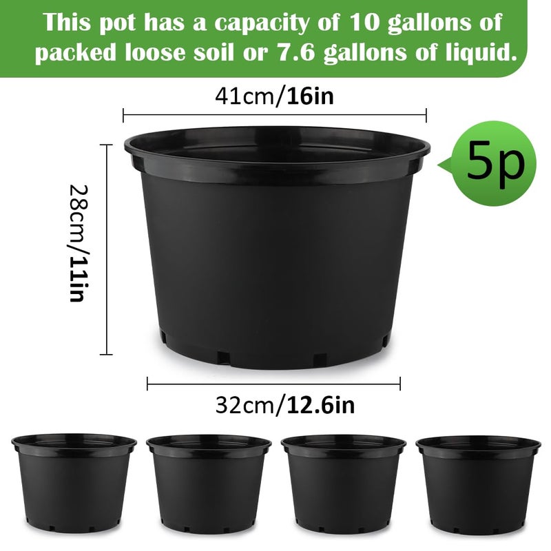 RooTrimmer 10 Gallon Plastic Nursery Pots, 16 Inch Round Plant Pots with Drainage Holes, 5 Pack Large Garden Flower Pots for Outdoor Indoor Plants, Gardening Gifts for Women, Black - Image 2