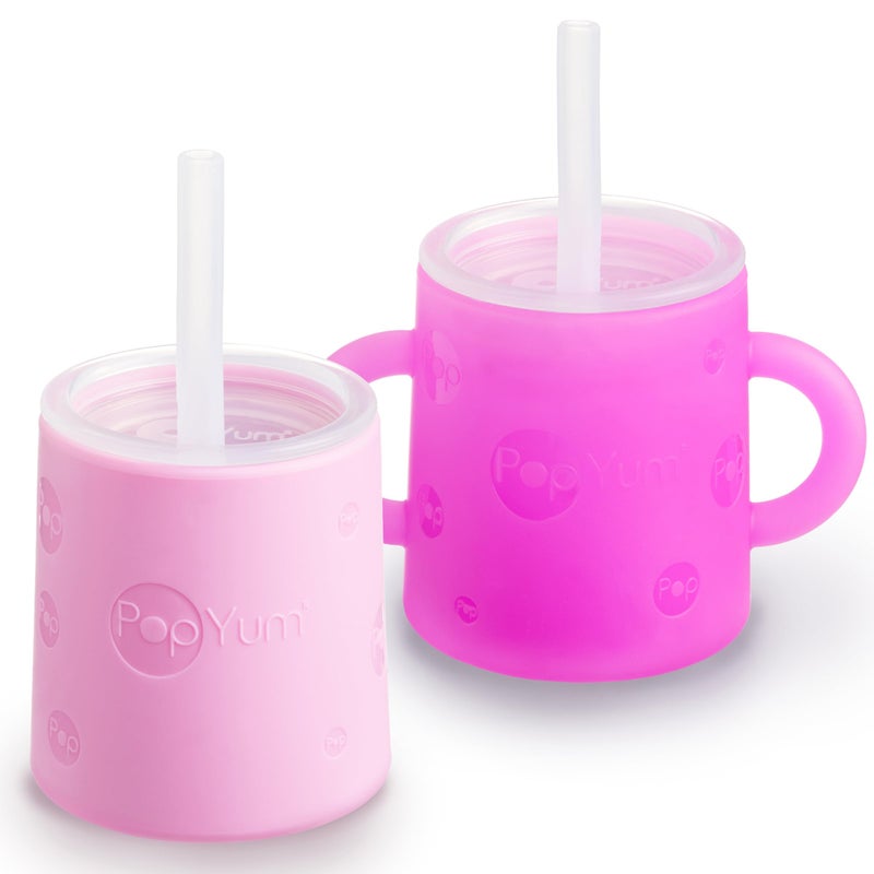 PopYum Silicone Training Cup with Straw Lid, 2-Pack for Baby, Infant and Toddler, Tumbler, Sippy, handles, 5 ounce (purple, pink) - Image 1