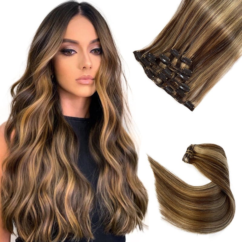 Remy Human Hair Extensions Clip in Chocolate Brown to Caramel Blonde Highlights 20 Inch 7 Pieces 70g Straight Double Weft 4P27 for Women