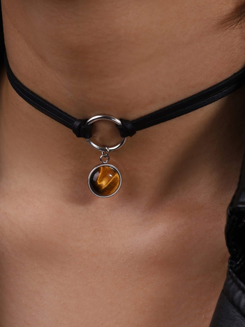 Sacina Gothic O ring Crystal Choker Necklace, Black Faux Leather Choker, Jewelry Gift for Women - Image 2