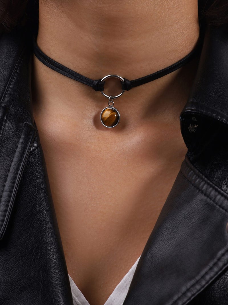 Sacina Gothic O ring Crystal Choker Necklace, Black Faux Leather Choker, Jewelry Gift for Women - Image 3