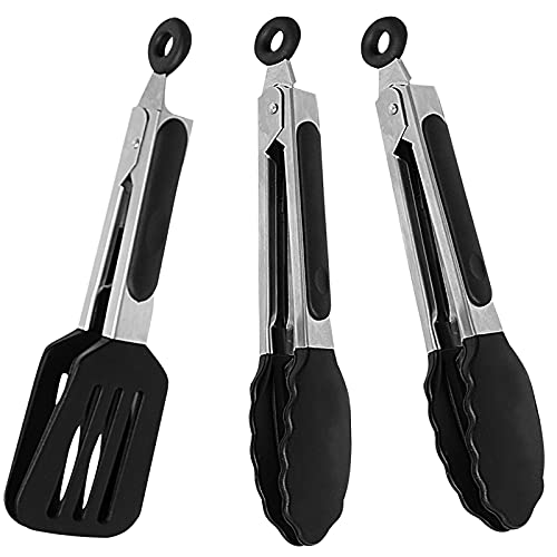 Pharamat Mini Silicone Serving Tongs Set of 3, Small Kitchen Tongs (7 inch) with Silicone Tips and Stainless Steel Handle, Cooking Tongs for Salads, Pasta, Steaks, Vegetables - Image 1