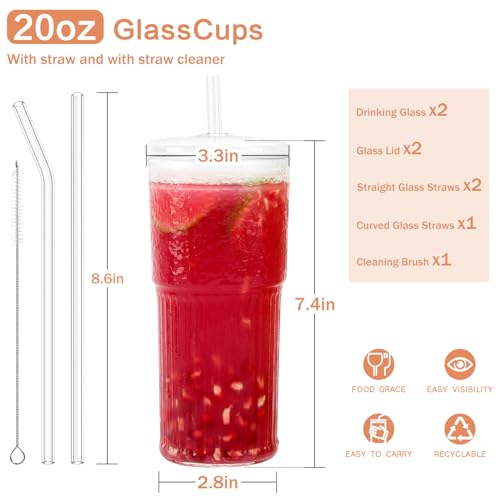 GOSCHE Glass Cups with Lids and Straws, 20oz Glass Cups Drinking Jar, Clear Iced Coffee Cups, Vintage Ripple Glass Tumbler for Water Coffee Tea, Clear, 2Pcs - Image 2