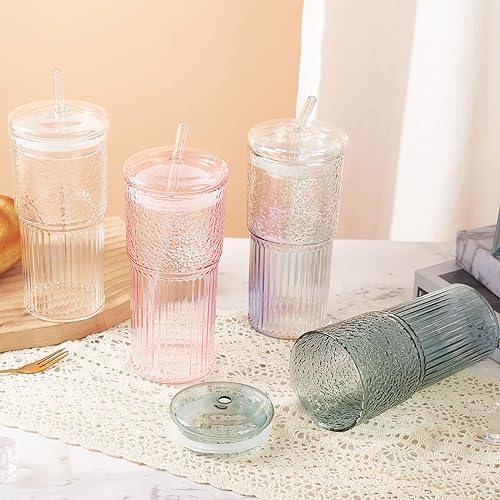 GOSCHE Glass Cups with Lids and Straws, 20oz Glass Cups Drinking Jar, Clear Iced Coffee Cups, Vintage Ripple Glass Tumbler for Water Coffee Tea, Clear, 2Pcs - Image 5