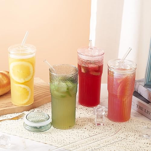 GOSCHE Glass Cups with Lids and Straws, 20oz Glass Cups Drinking Jar, Clear Iced Coffee Cups, Vintage Ripple Glass Tumbler for Water Coffee Tea, Clear, 2Pcs - Image 4