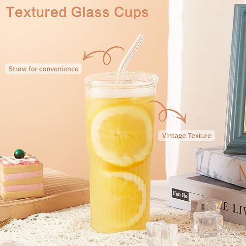 GOSCHE Glass Cups with Lids and Straws, 20oz Glass Cups Drinking Jar, Clear Iced Coffee Cups, Vintage Ripple Glass Tumbler for Water Coffee Tea, Clear, 2Pcs - Image 3