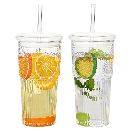GOSCHE Glass Cups with Lids and Straws, 20oz Glass Cups Drinking Jar, Clear Iced Coffee Cups, Vintage Ripple Glass Tumbler for Water Coffee Tea, Clear, 2Pcs - Image 1