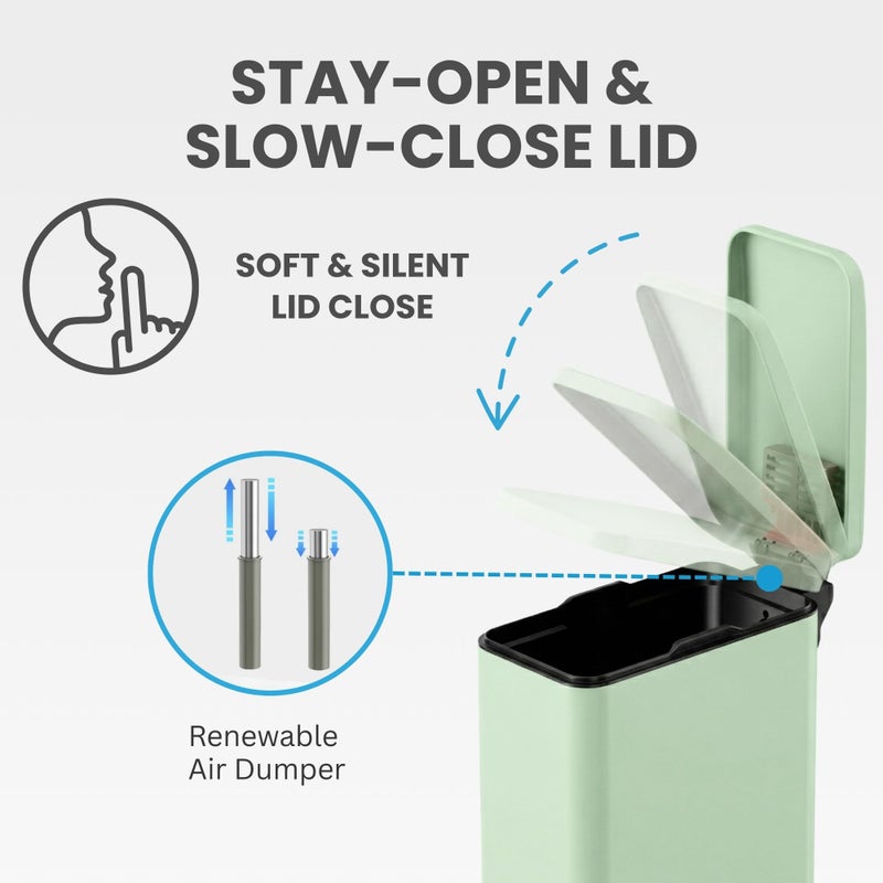 iTouchless 3 Gallon Slim Bathroom Trash Can with Lid & Odor Filter, Soft-Step Steel Pedal Bin for Narrow Spaces, Wastebasket for Kids Room, Cottagecore, & Nature Inspired Decor â€“ Pastel Green - Image 5