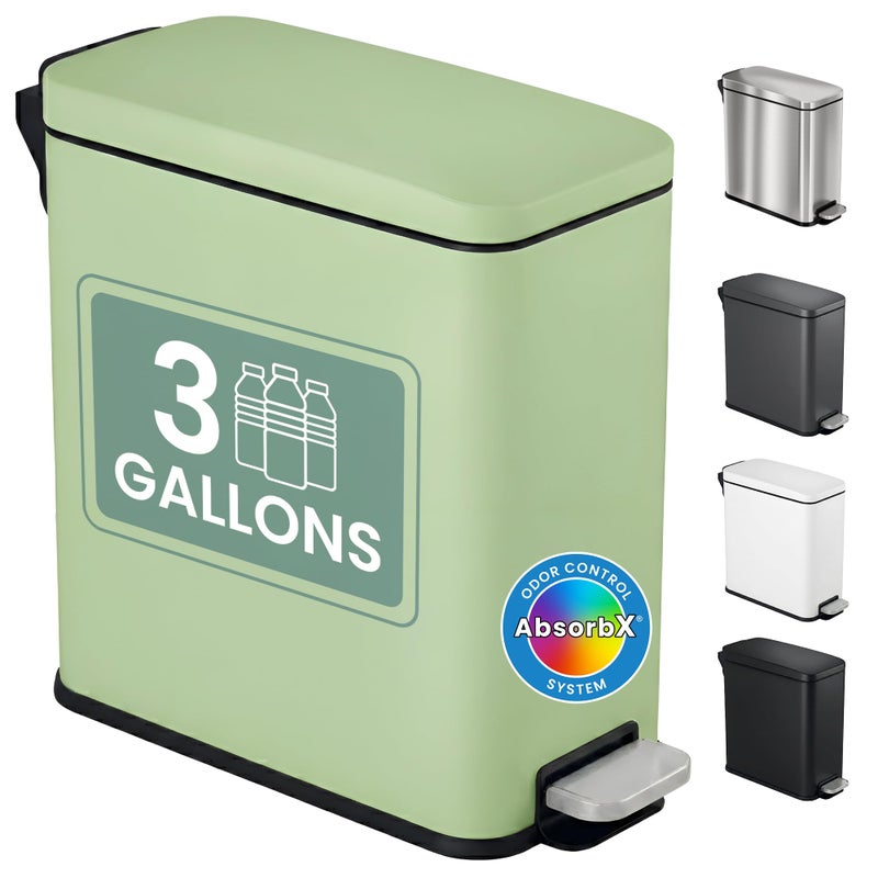 iTouchless 3 Gallon Slim Bathroom Trash Can with Lid & Odor Filter, Soft-Step Steel Pedal Bin for Narrow Spaces, Wastebasket for Kids Room, Cottagecore, & Nature Inspired Decor â€“ Pastel Green - Image 1