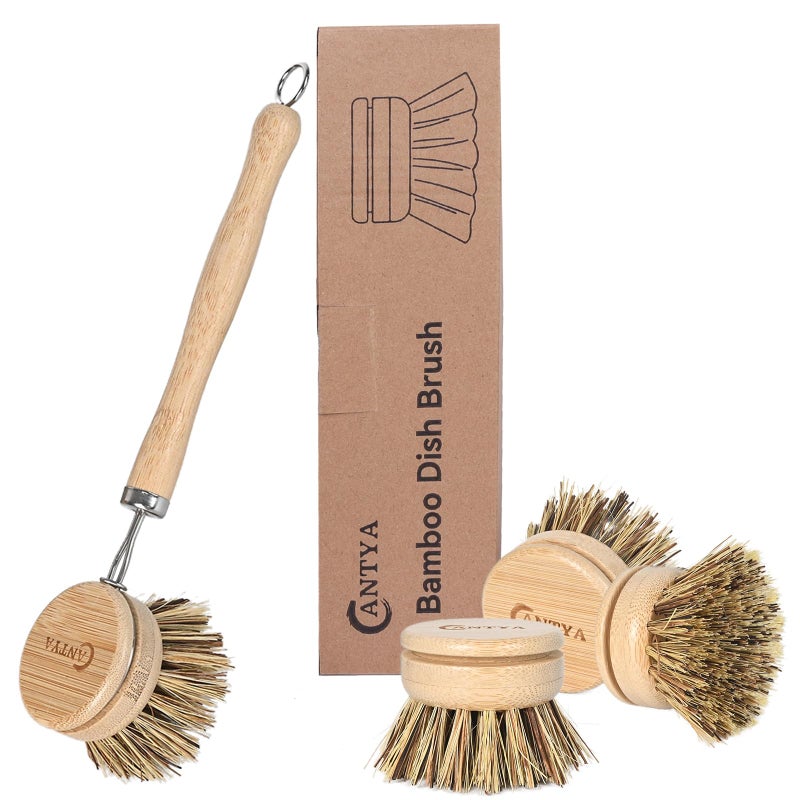 ANTYA Bamboo Dish Scrubber with Handle - Hard Bristle, Natural Kitchen Brush, Sustainable & Biodegradable, Bamboo Brush for Dishes, Pans and Pots - Image 1