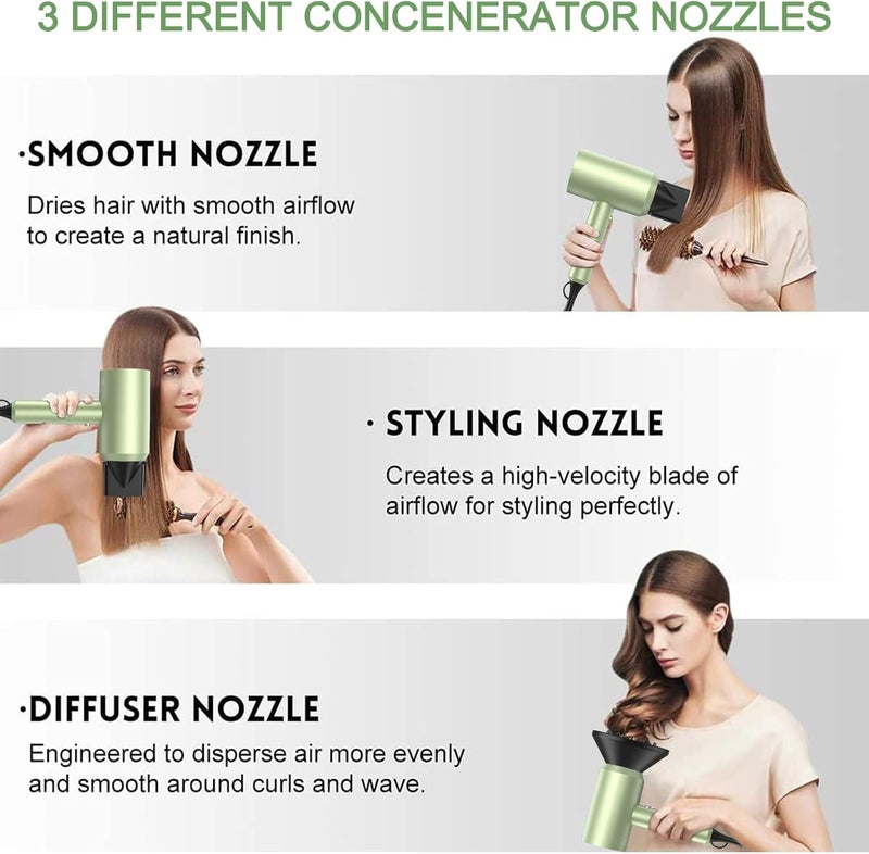 SLOPEHILL Professional Ionic Hair Dryer, Powerful 1800W Fast Drying Low Noise Blow Dryer with 2 Concentrator Nozzle 1 Diffuser Attachments for Home Salon Travel (Lime Cream) - Image 3