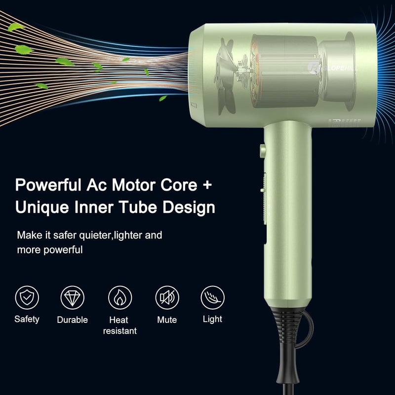 SLOPEHILL Professional Ionic Hair Dryer, Powerful 1800W Fast Drying Low Noise Blow Dryer with 2 Concentrator Nozzle 1 Diffuser Attachments for Home Salon Travel (Lime Cream) - Image 2