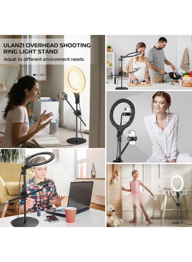 Ulanzi [Upgraded Base] ULANZI Overhead Phone Mount with 10" Selfie Ring Light, Tabletop Light Stand with 360° Shooting Arm, 3500k-6500K Dimmable Ring Light for Video Recording, Live Stream, Portrait & Makeup  - Image 5