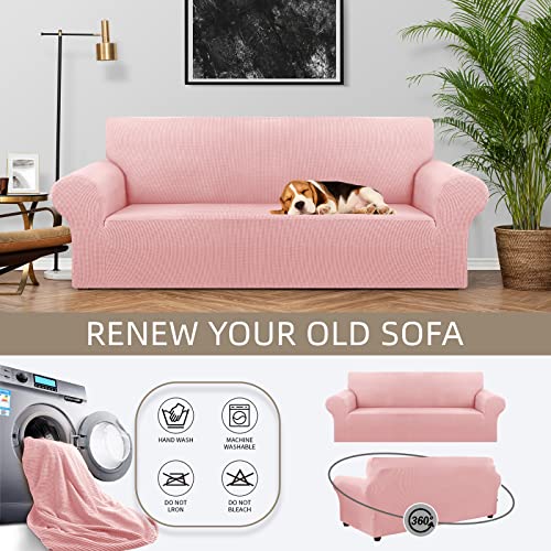KEKUOU Stretch Sofa Cover Slipcover ，Couch Covers for 3 Cushion Couch Sofa pet Friendly (78"-94") Furniture Protector Sofa with Elastic Bottom for Kids,Dog, Jacquard Small Checked(Large,Dusty Pink) - Image 3