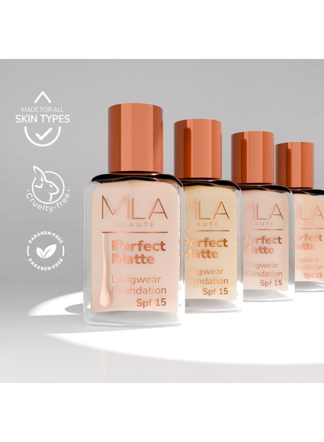 ميلا بيوتي كريم أساس Mila Beauté Perfect Matte طويل الأمد | تغطية عالية، خفيف الوزن ومقاوم للماء | تركيبة خالية من الزيوت مع عامل حماية من الشمس (SPF 15) وفيتامين E | لمسة نهائية مطفية وناعمة | يحافظ على ترطيب البشرة | الدرجة - (4 Skin، 30 مل) - Image 3