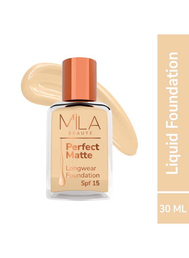 ميلا بيوتي كريم أساس Mila Beauté Perfect Matte طويل الأمد | تغطية عالية، خفيف الوزن ومقاوم للماء | تركيبة خالية من الزيوت مع عامل حماية من الشمس (SPF 15) وفيتامين E | لمسة نهائية مطفية وناعمة | يحافظ على ترطيب البشرة | الدرجة - (4 Skin، 30 مل) - Image 2