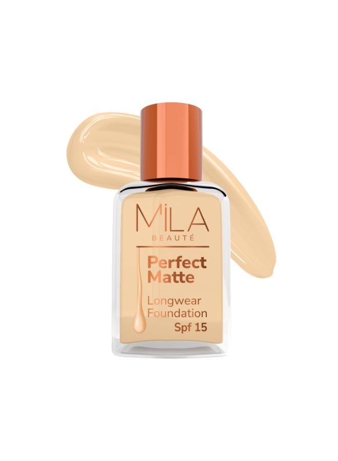 ميلا بيوتي كريم أساس Mila Beauté Perfect Matte طويل الأمد | تغطية عالية، خفيف الوزن ومقاوم للماء | تركيبة خالية من الزيوت مع عامل حماية من الشمس (SPF 15) وفيتامين E | لمسة نهائية مطفية وناعمة | يحافظ على ترطيب البشرة | الدرجة - (4 Skin، 30 مل) - Image 1