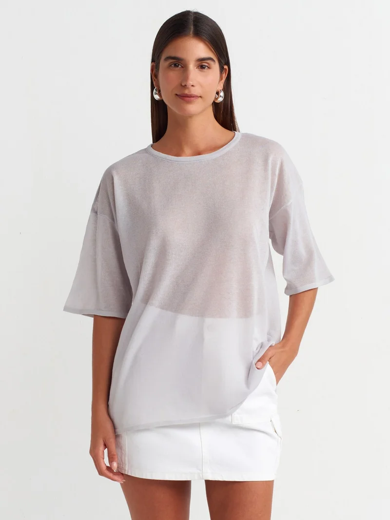 ديلفين 10550 Crew Neck Short Sleeve Transparent Knitwear Blouse-Grey