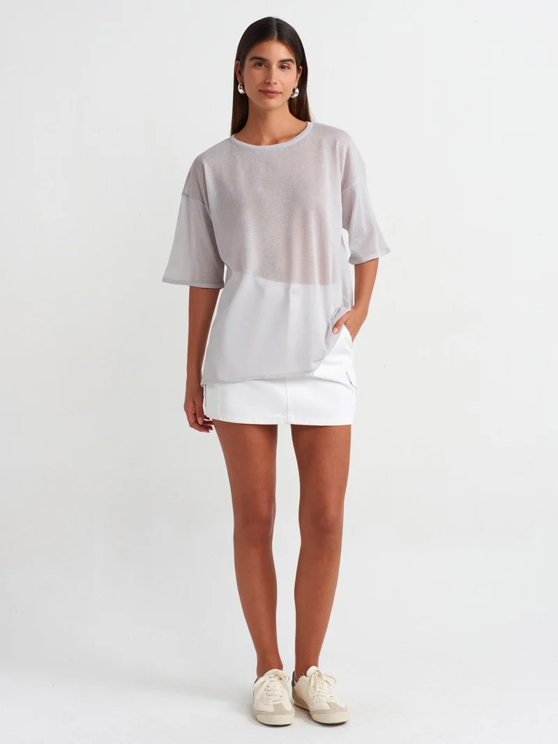 ديلفين 10550 Crew Neck Short Sleeve Transparent Knitwear Blouse-Grey