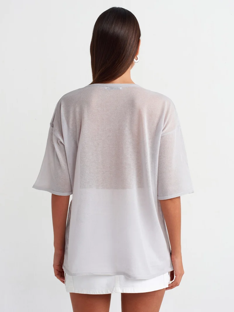 ديلفين 10550 Crew Neck Short Sleeve Transparent Knitwear Blouse-Grey