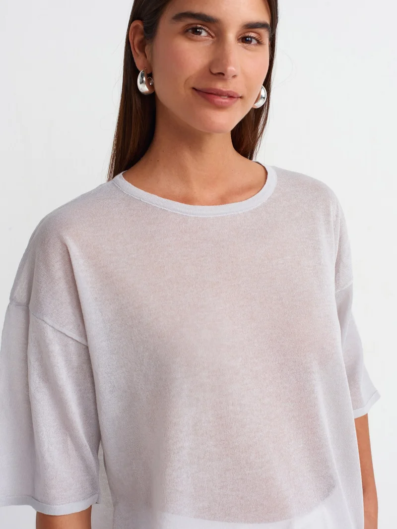 ديلفين 10550 Crew Neck Short Sleeve Transparent Knitwear Blouse-Grey