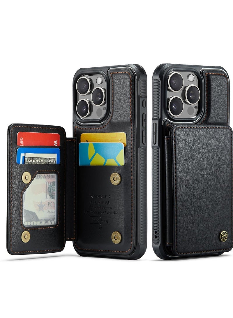 For iPhone 15 Pro Max Wallet Case with Card Holder, Shockproof Durable Leather Phone Case, RFID Blocking Card Slots Holder (Black) - Image 1