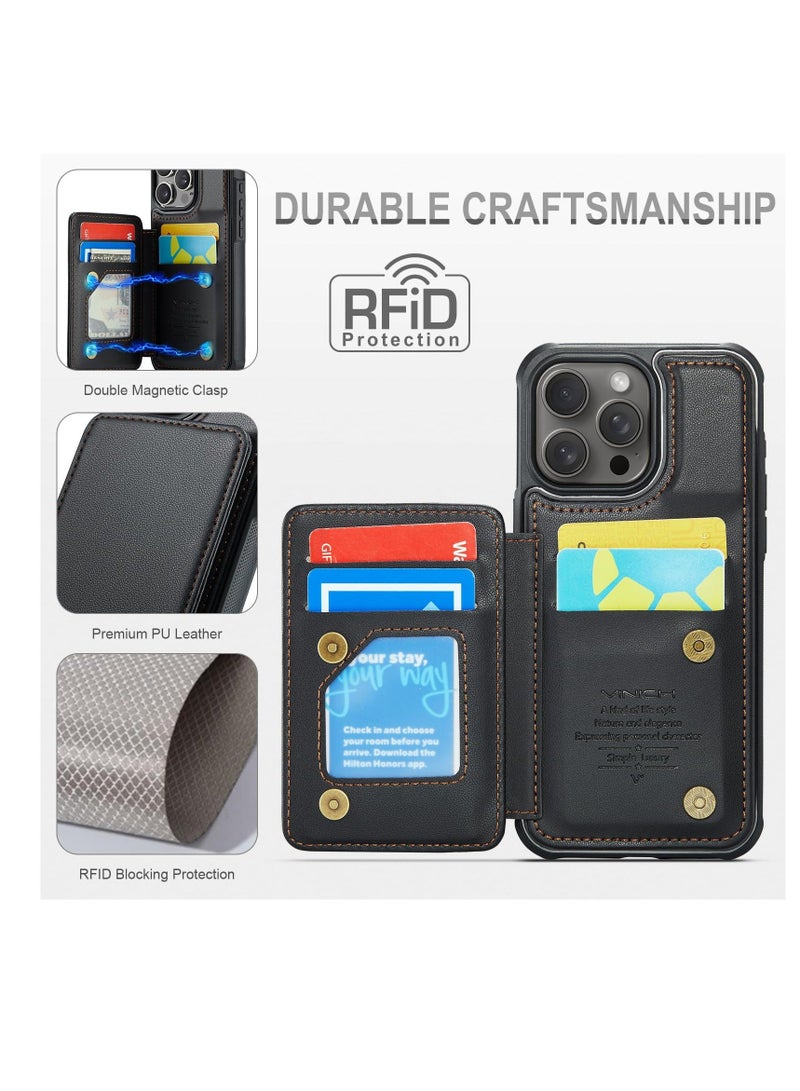 For iPhone 15 Pro Max Wallet Case with Card Holder, Shockproof Durable Leather Phone Case, RFID Blocking Card Slots Holder (Black) - Image 5