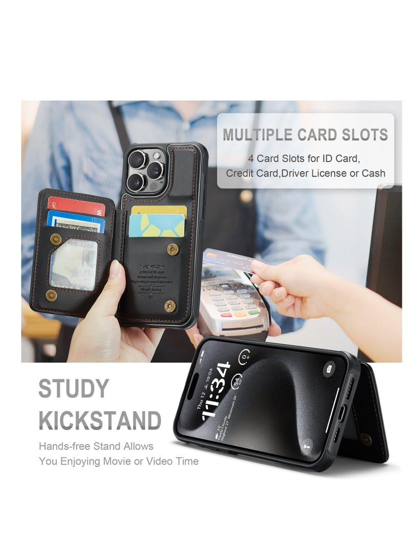 For iPhone 15 Pro Max Wallet Case with Card Holder, Shockproof Durable Leather Phone Case, RFID Blocking Card Slots Holder (Black) - Image 4