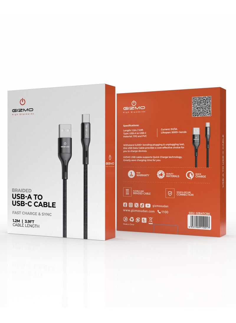 Gizmo Braided USB-A to Type-C Cable / For Charging and Data Transfer / Support Fast Charging / Made of Durable and Resistant Fabric / Supports all Type-C Charging Devices - Black  - Image 2