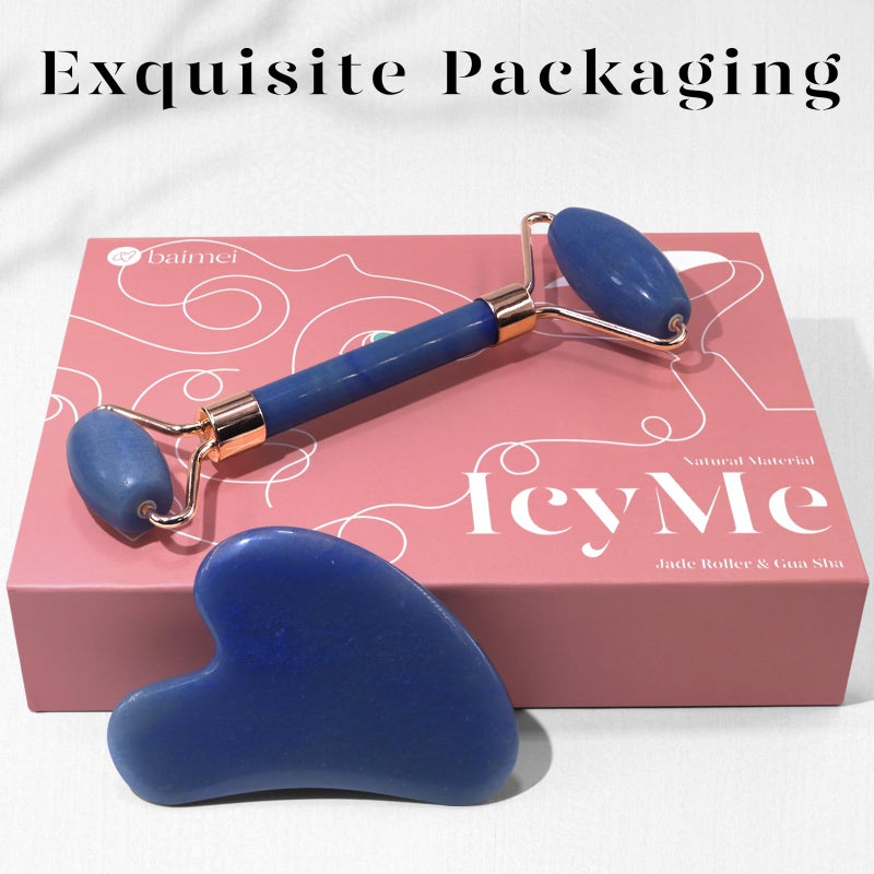 BAIMEI IcyMe Jade Face Roller & Gua Sha, Facial Beauty Roller Skin Care Tools, Self Care Gift for Men Women, Massager for Face, Eyes, Neck, Relieve Fine Lines and Wrinkles - Blue - Image 5