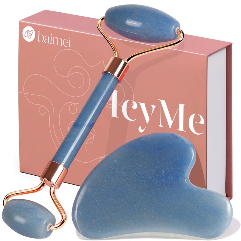 BAIMEI IcyMe Jade Face Roller & Gua Sha, Facial Beauty Roller Skin Care Tools, Self Care Gift for Men Women, Massager for Face, Eyes, Neck, Relieve Fine Lines and Wrinkles - Blue - Image 1