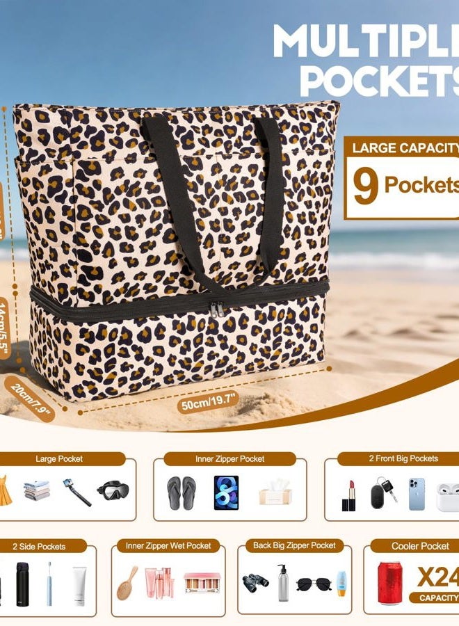 ISEYOU Beach Bag with Removable Thermal Bag, Women's Waterproof Beach Bag with Zip 49L, Large XXL Family Bags with 8 Foldable Pockets for Travel, Picnic, Holidays, Leopard, XXL - Image 4