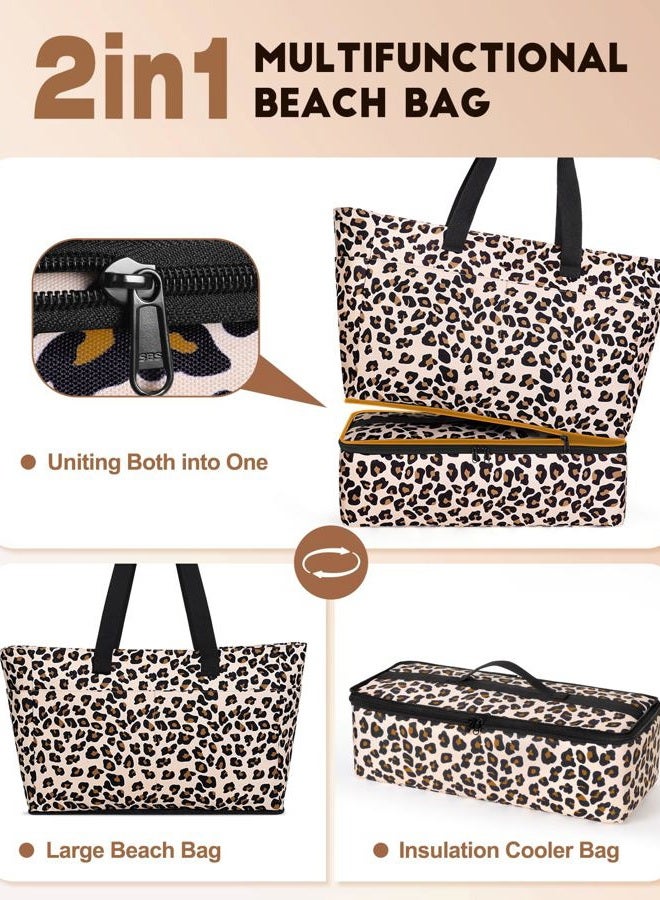 ISEYOU Beach Bag with Removable Thermal Bag, Women's Waterproof Beach Bag with Zip 49L, Large XXL Family Bags with 8 Foldable Pockets for Travel, Picnic, Holidays, Leopard, XXL - Image 5