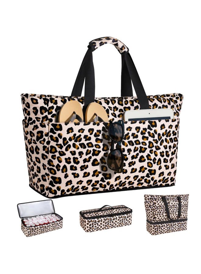 ISEYOU Beach Bag with Removable Thermal Bag, Women's Waterproof Beach Bag with Zip 49L, Large XXL Family Bags with 8 Foldable Pockets for Travel, Picnic, Holidays, Leopard, XXL - Image 1