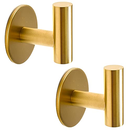 Vuzvuv Adhesive Brushed Gold Hooks, SUS304 Stainless Steel Self-Adhesive Towel Coat Robe Heavy Duty Waterproof Hook for Bathrooms Kitchen Hotel (2-Pack) - Image 1