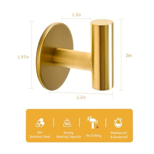 Vuzvuv Adhesive Brushed Gold Hooks, SUS304 Stainless Steel Self-Adhesive Towel Coat Robe Heavy Duty Waterproof Hook for Bathrooms Kitchen Hotel (2-Pack) - Image 2