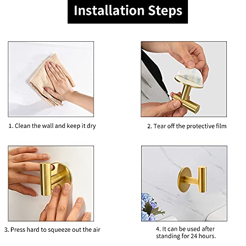 Vuzvuv Adhesive Brushed Gold Hooks, SUS304 Stainless Steel Self-Adhesive Towel Coat Robe Heavy Duty Waterproof Hook for Bathrooms Kitchen Hotel (2-Pack) - Image 5