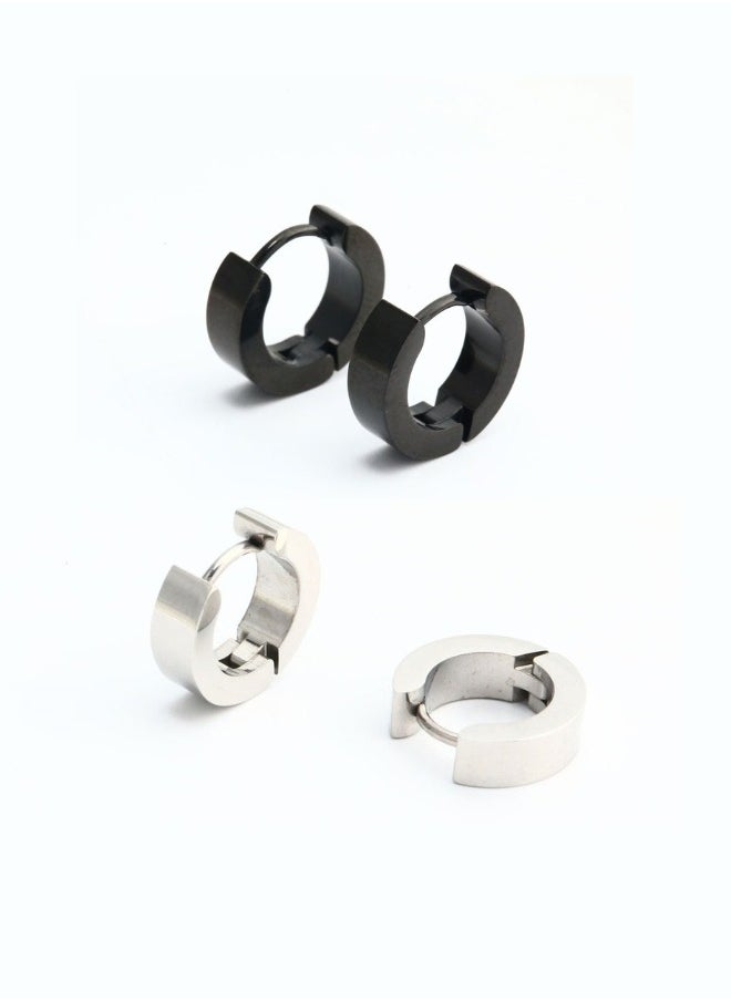 Generic 2-Pair Titanium Steel Hoop Earrings – Black & Silver Set | Flat Polished Surface, Hypoallergenic, Nickel-Free Huggie Hoops for Men & Women, Lightweight, Rust-Resistant Earrings for Casual & Formal Wear 