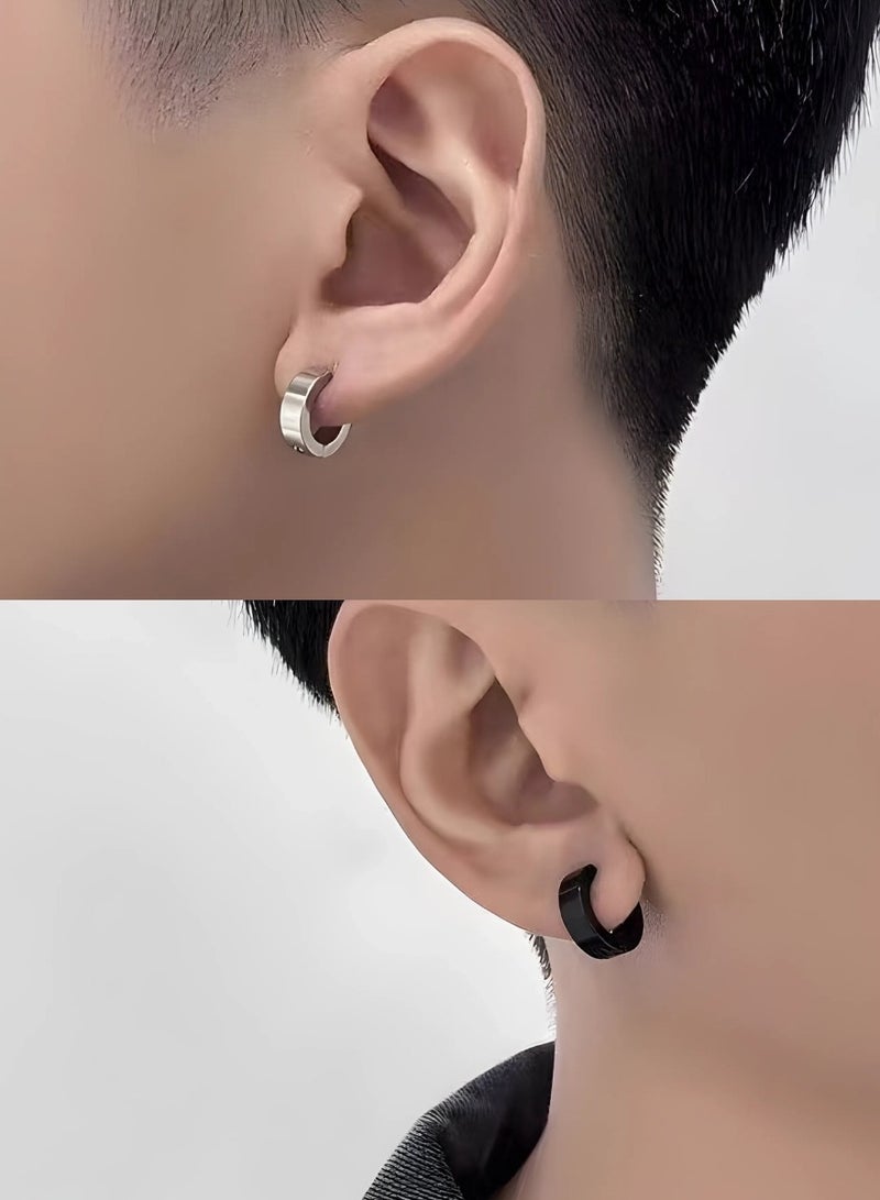2-Pair Titanium Steel Hoop Earrings – Black & Silver Set | Flat Polished Surface, Hypoallergenic, Nickel-Free Huggie Hoops for Men & Women, Lightweight, Rust-Resistant Earrings for Casual & Formal Wear - Image 3