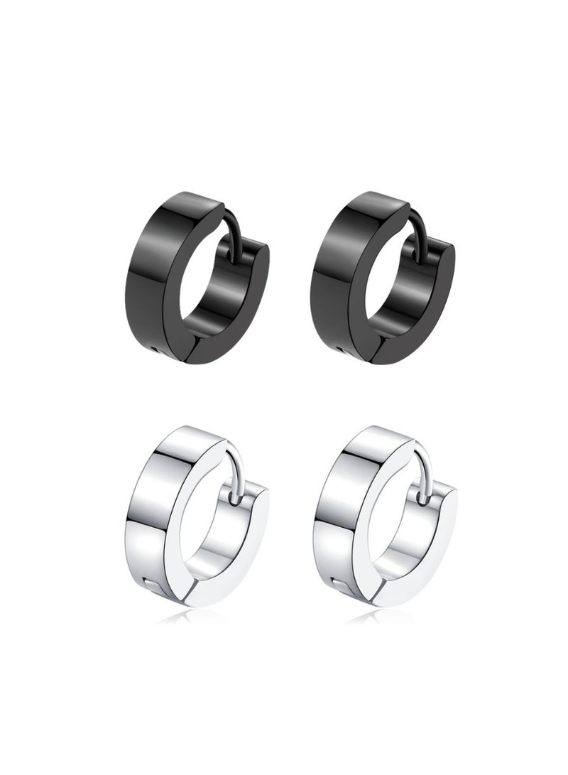 2-Pair Titanium Steel Hoop Earrings – Black & Silver Set | Flat Polished Surface, Hypoallergenic, Nickel-Free Huggie Hoops for Men & Women, Lightweight, Rust-Resistant Earrings for Casual & Formal Wear - Image 2