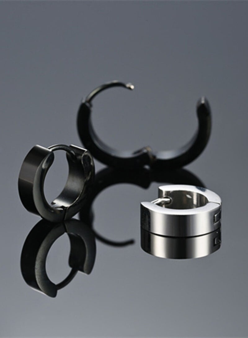 2-Pair Titanium Steel Hoop Earrings – Black & Silver Set | Flat Polished Surface, Hypoallergenic, Nickel-Free Huggie Hoops for Men & Women, Lightweight, Rust-Resistant Earrings for Casual & Formal Wear - Image 1