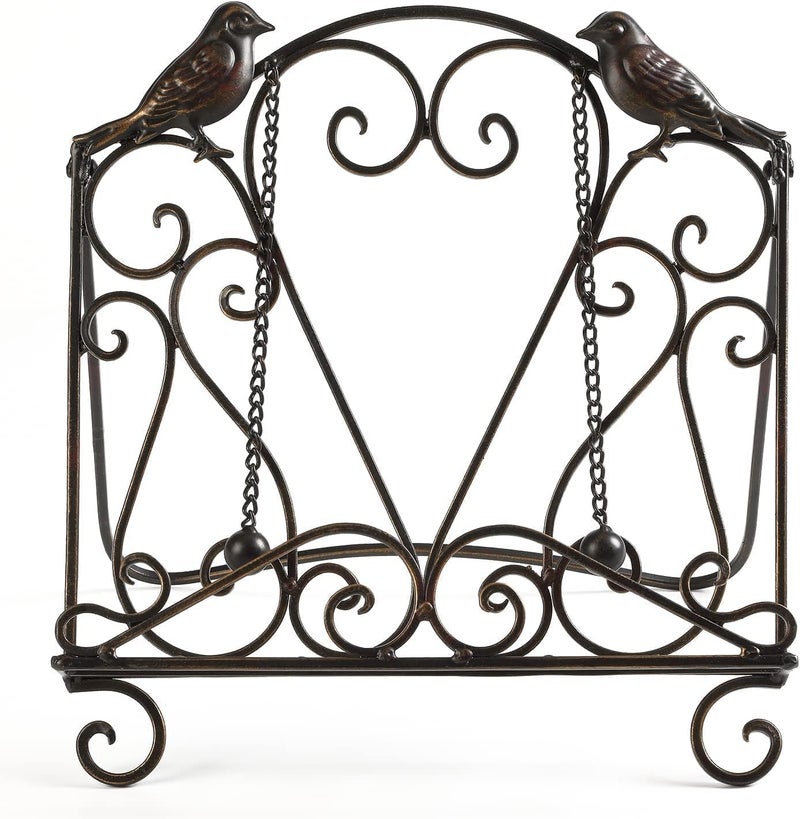 Mocome Metal Cookbook Stand Clearance Recipe Book Holder for Kitchen (Birds/Vintage Scrolls, Bronze) - Image 1
