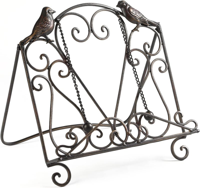 Mocome Metal Cookbook Stand Clearance Recipe Book Holder for Kitchen (Birds/Vintage Scrolls, Bronze) - Image 2