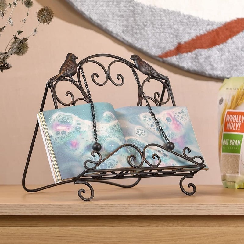 Mocome Metal Cookbook Stand Clearance Recipe Book Holder for Kitchen (Birds/Vintage Scrolls, Bronze) - Image 4