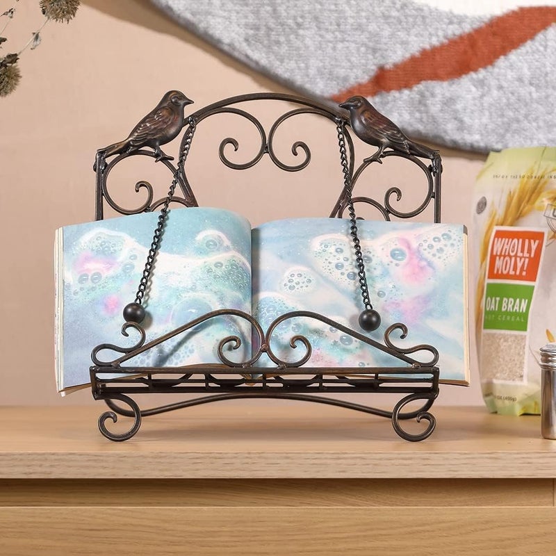 Mocome Metal Cookbook Stand Clearance Recipe Book Holder for Kitchen (Birds/Vintage Scrolls, Bronze) - Image 3